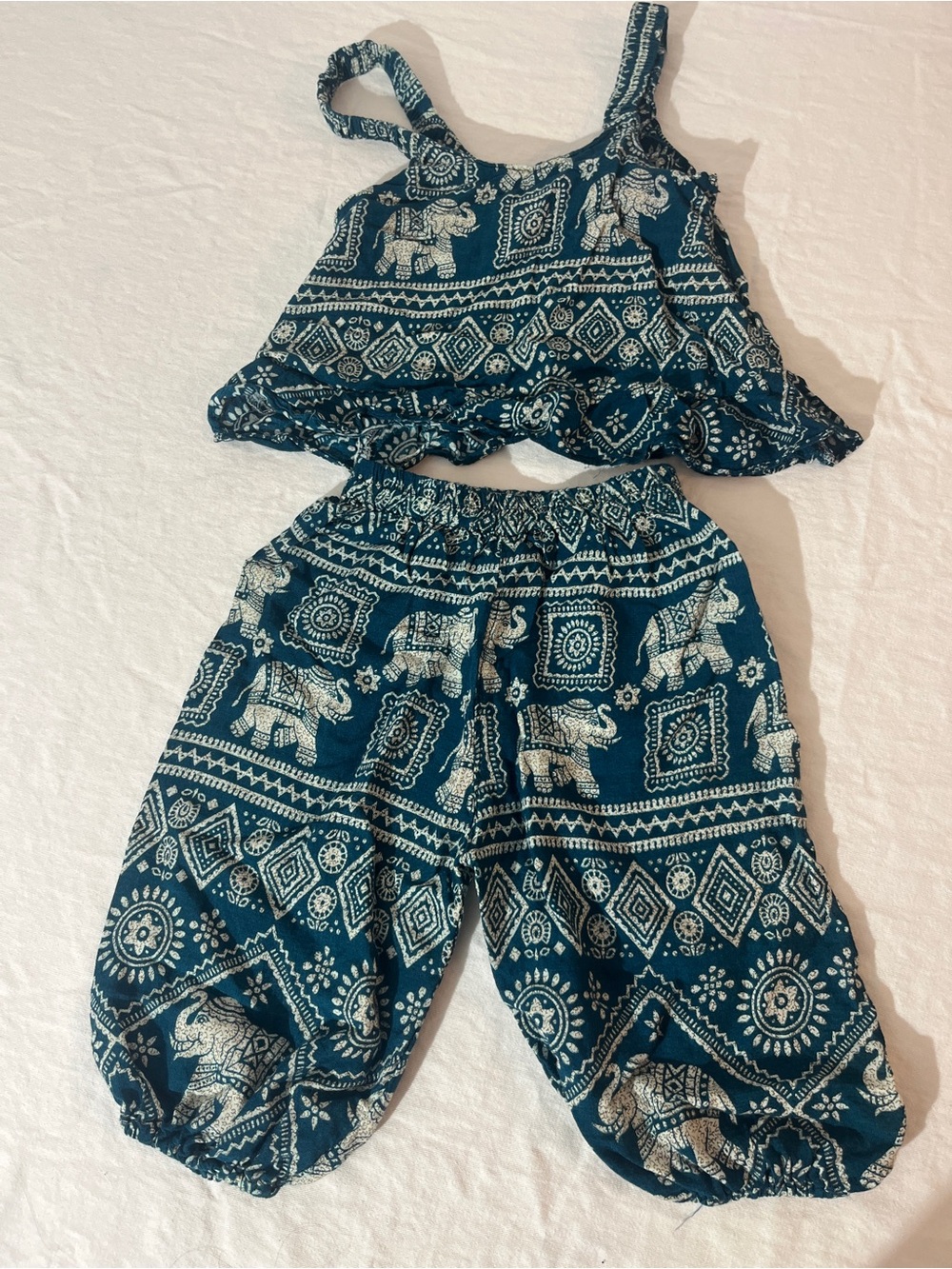 Kids Teal Elephant Print Matching Overalls Set